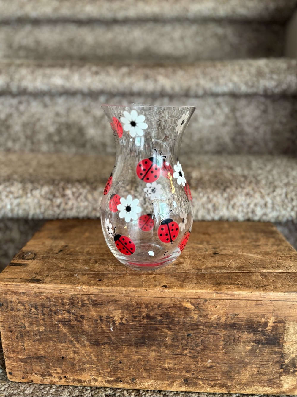 Hand-Painted Ladybug & Daisy Glass Vase